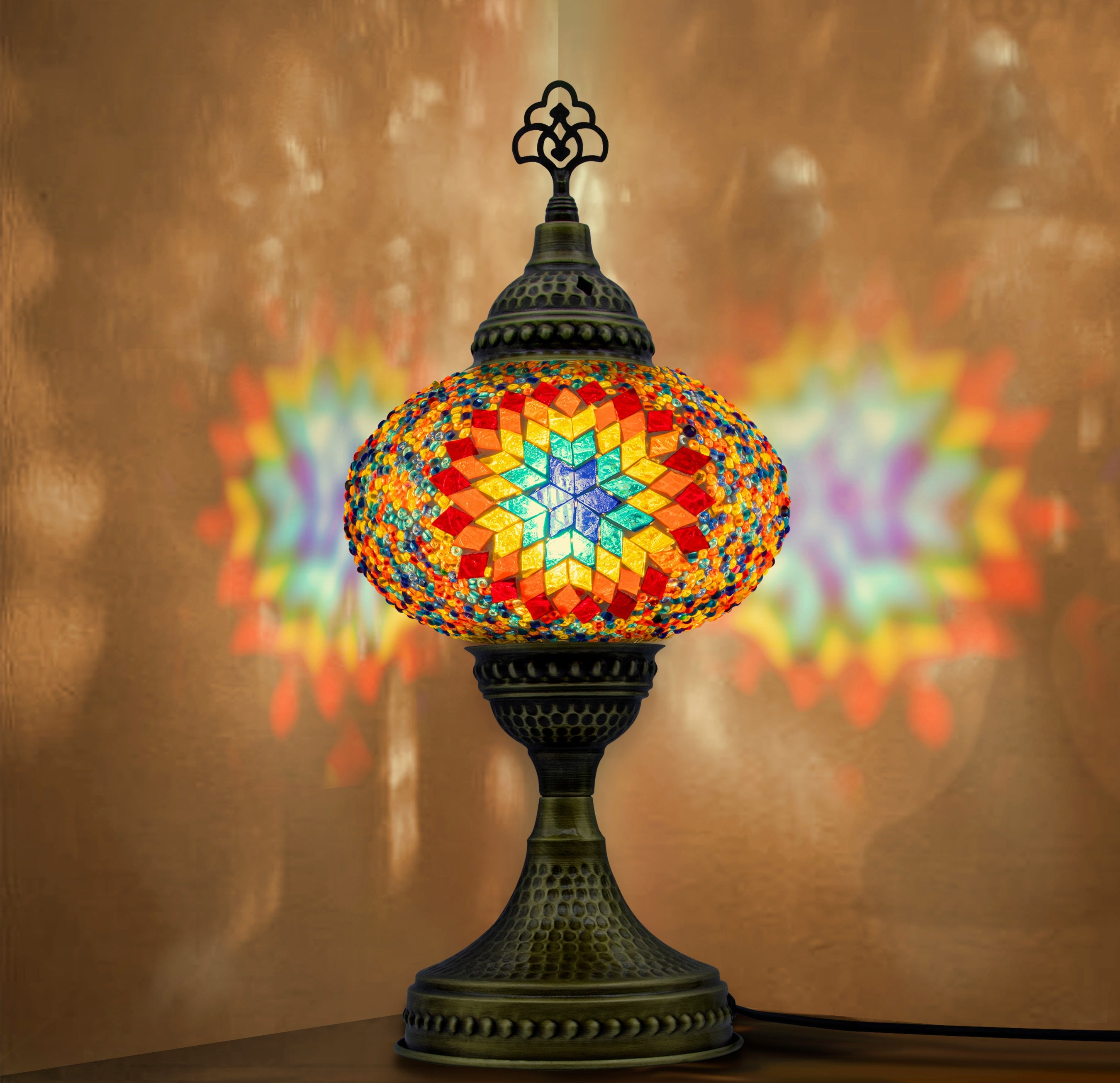 Handmade Turkish mosaic table lamp with colorful glass