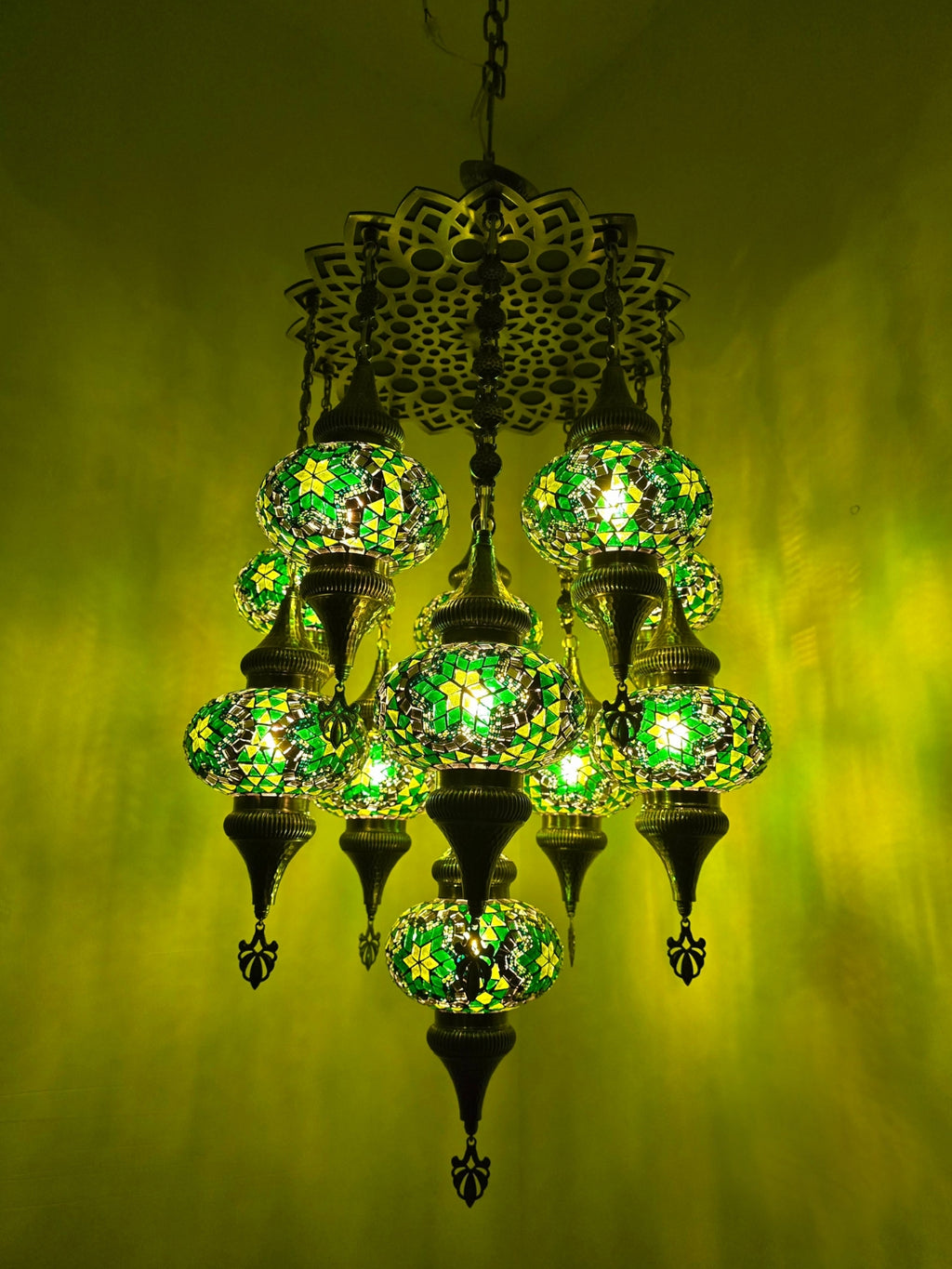 Turkish Mosaic Chandelier – 11 Globe Green Glass Boho Ceiling Lamp