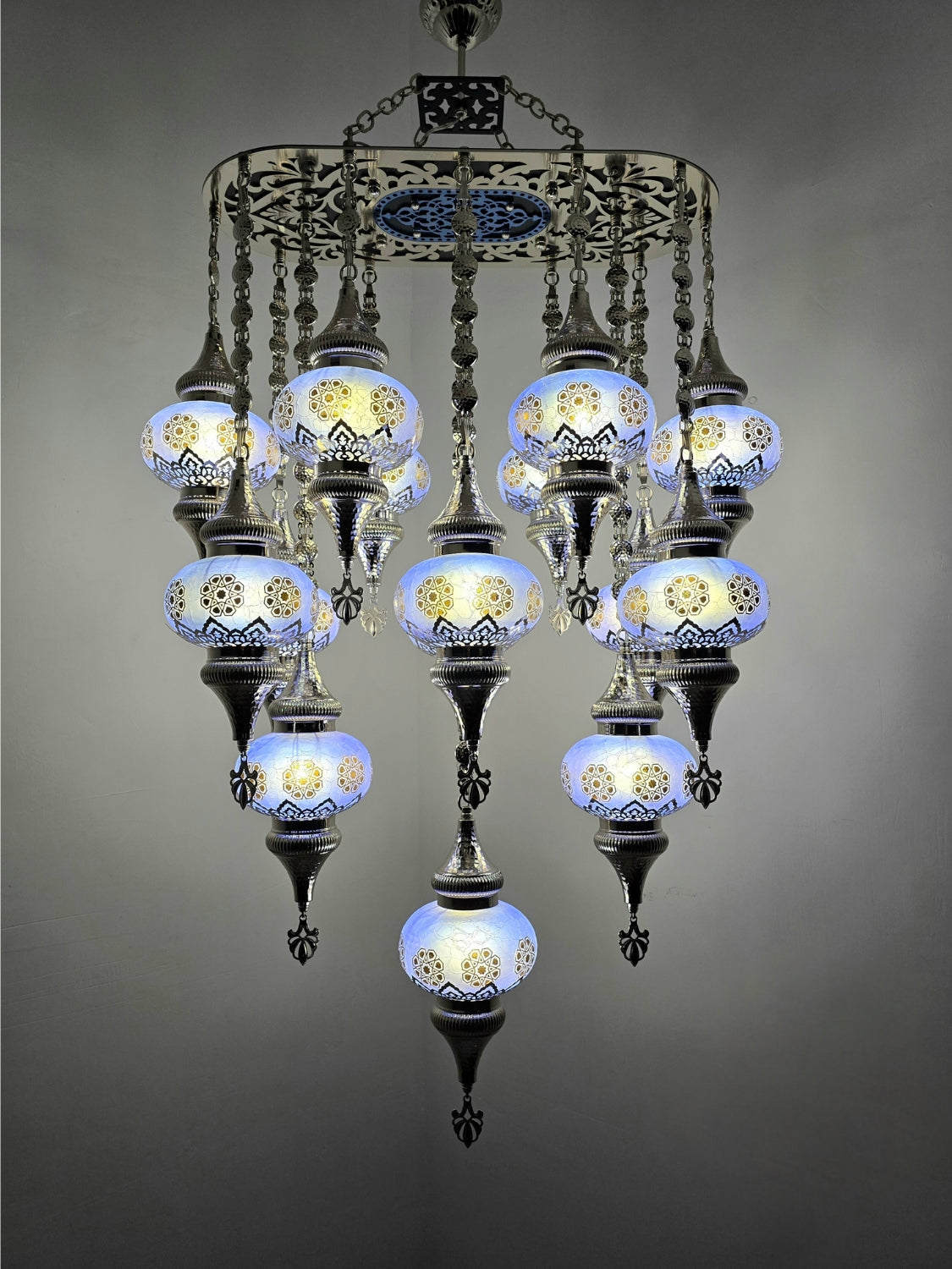 Turkish Mosaic Chandelier – Handmade Blue Glass Boho Ceiling Lamp