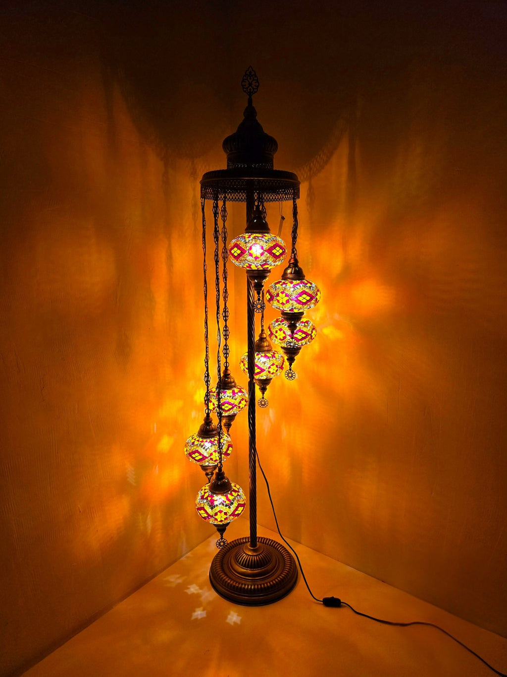 Turkish Mosaic Floor Lamp – Handmade 7 Lantern Brown Glass Boho Standing Light