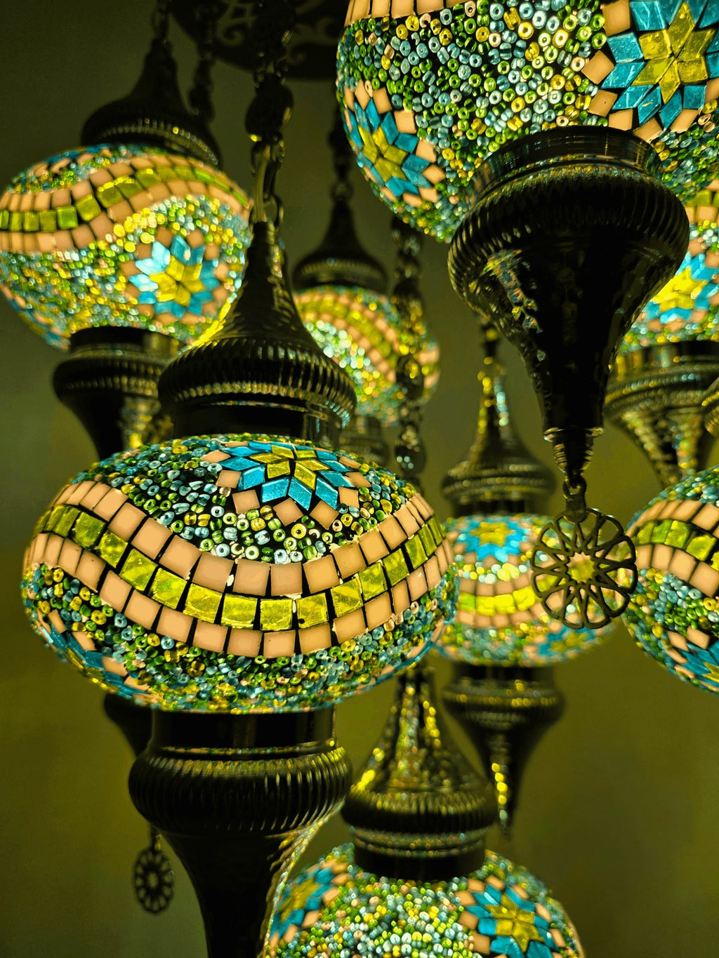 Turkish Mosaic Chandelier – 9 Globe Green Glass Boho Ceiling Lamp