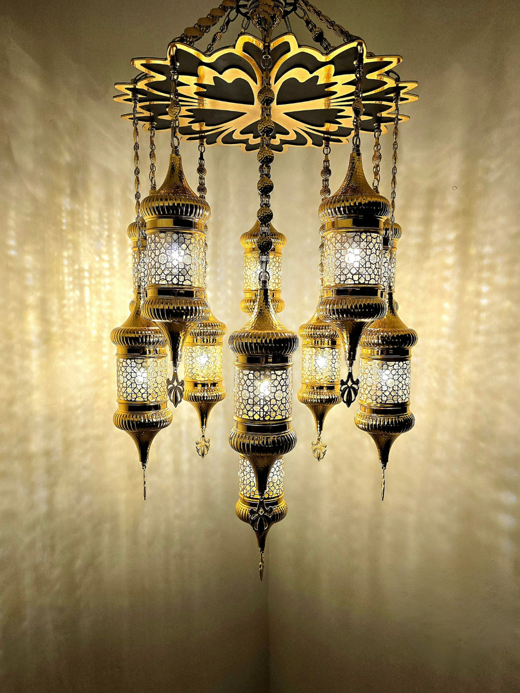 Ottoman Style Chandelier – Handmade Turkish Gold Metal Ceiling Lamp (11 Lanterns)
