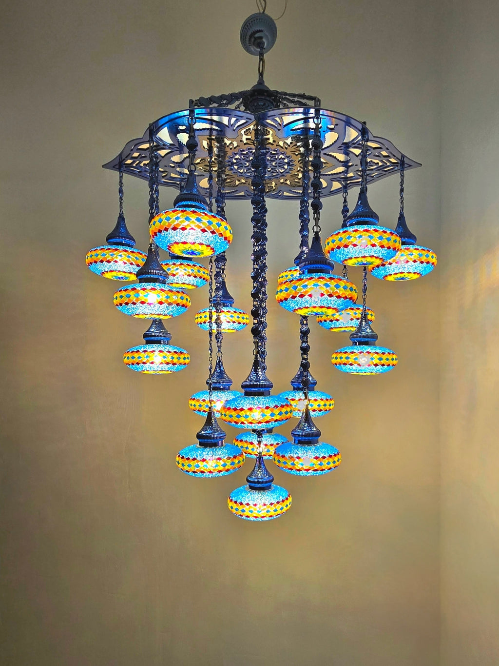 Turkish Mosaic Chandelier – 19 Globe Colorful Gold Boho Ceiling Lamp