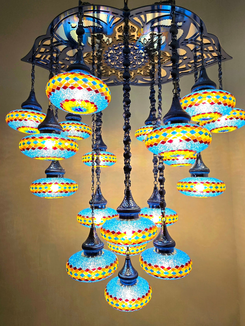 Turkish Mosaic Chandelier – 19 Globe Colorful Gold Boho Ceiling Lamp