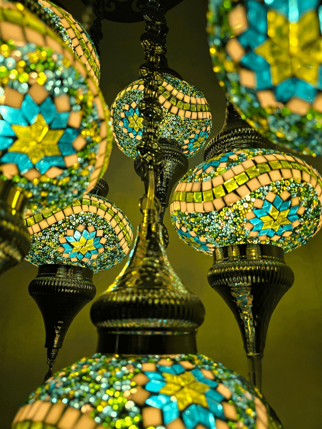 Turkish Mosaic Chandelier – 9 Globe Green Glass Boho Ceiling Lamp