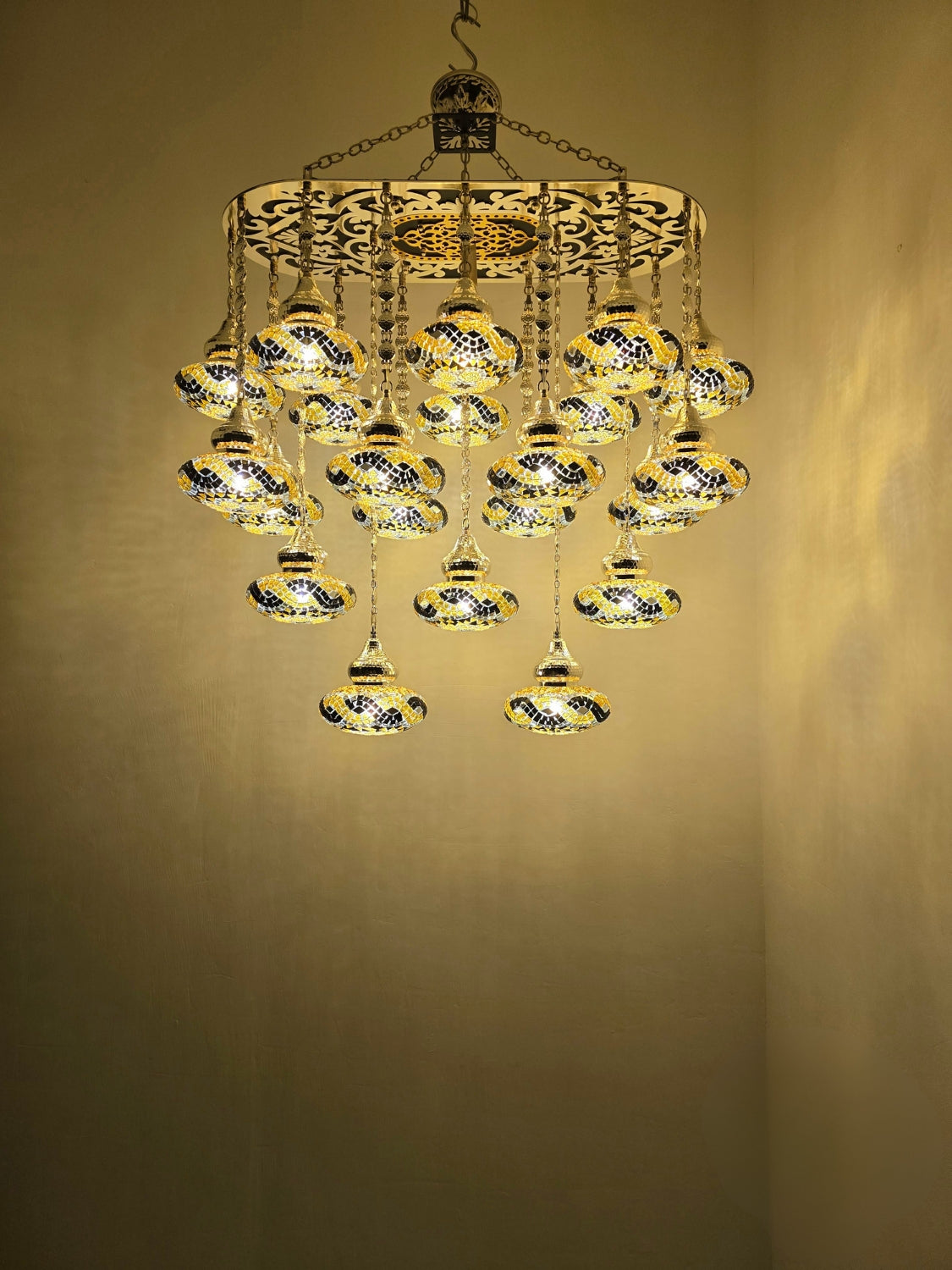Turkish Mosaic Chandelier – Handmade Yellow Glass Boho Ceiling Lamp