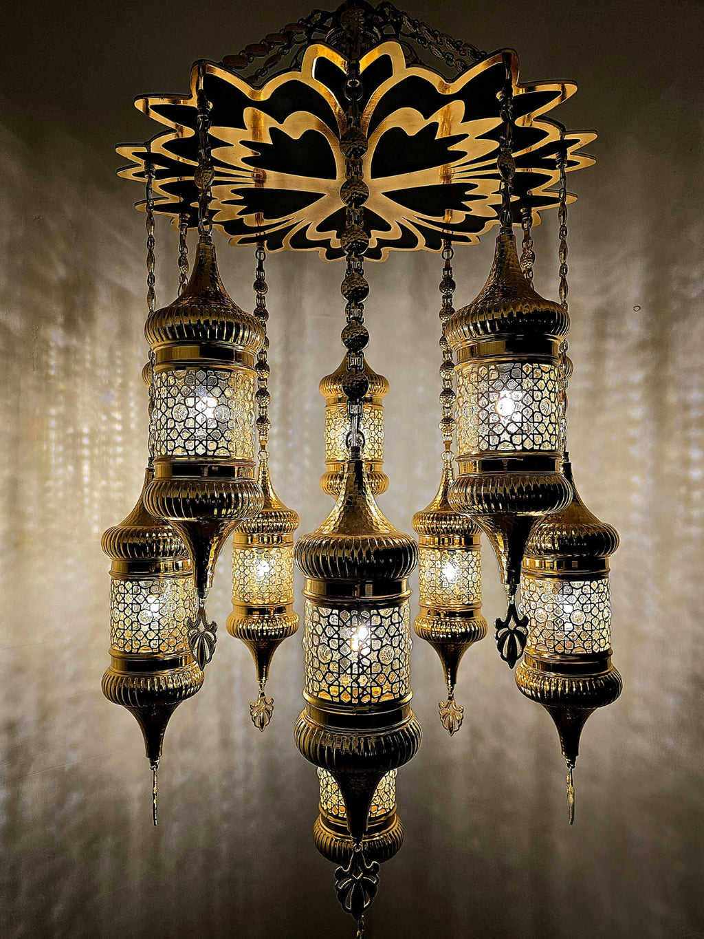 Ottoman Style Chandelier – Handmade Turkish Gold Metal Ceiling Lamp (11 Lanterns)