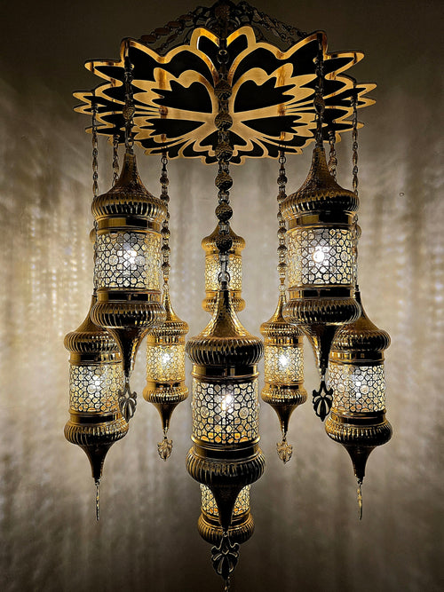 Ottoman Style Chandelier – Handmade Turkish Gold Metal Ceiling Lamp (11 Lanterns)