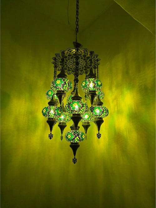 Turkish Mosaic Chandelier – 11 Globe Green Glass Boho Ceiling Lamp