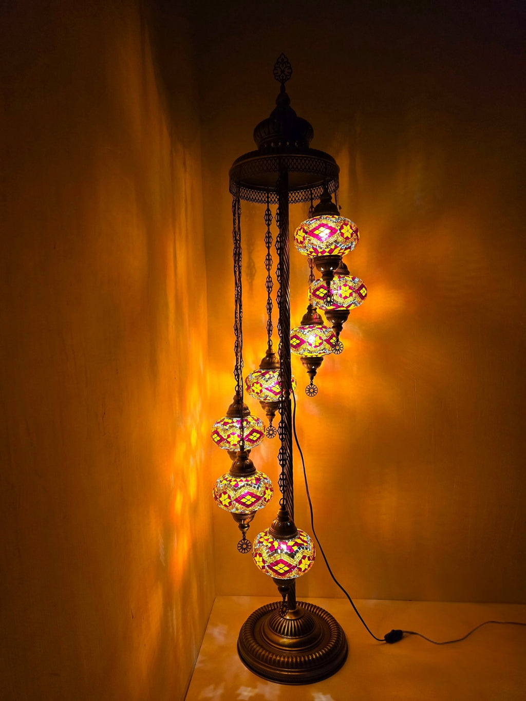 Turkish Mosaic Floor Lamp – Handmade 7 Lantern Brown Glass Boho Standing Light