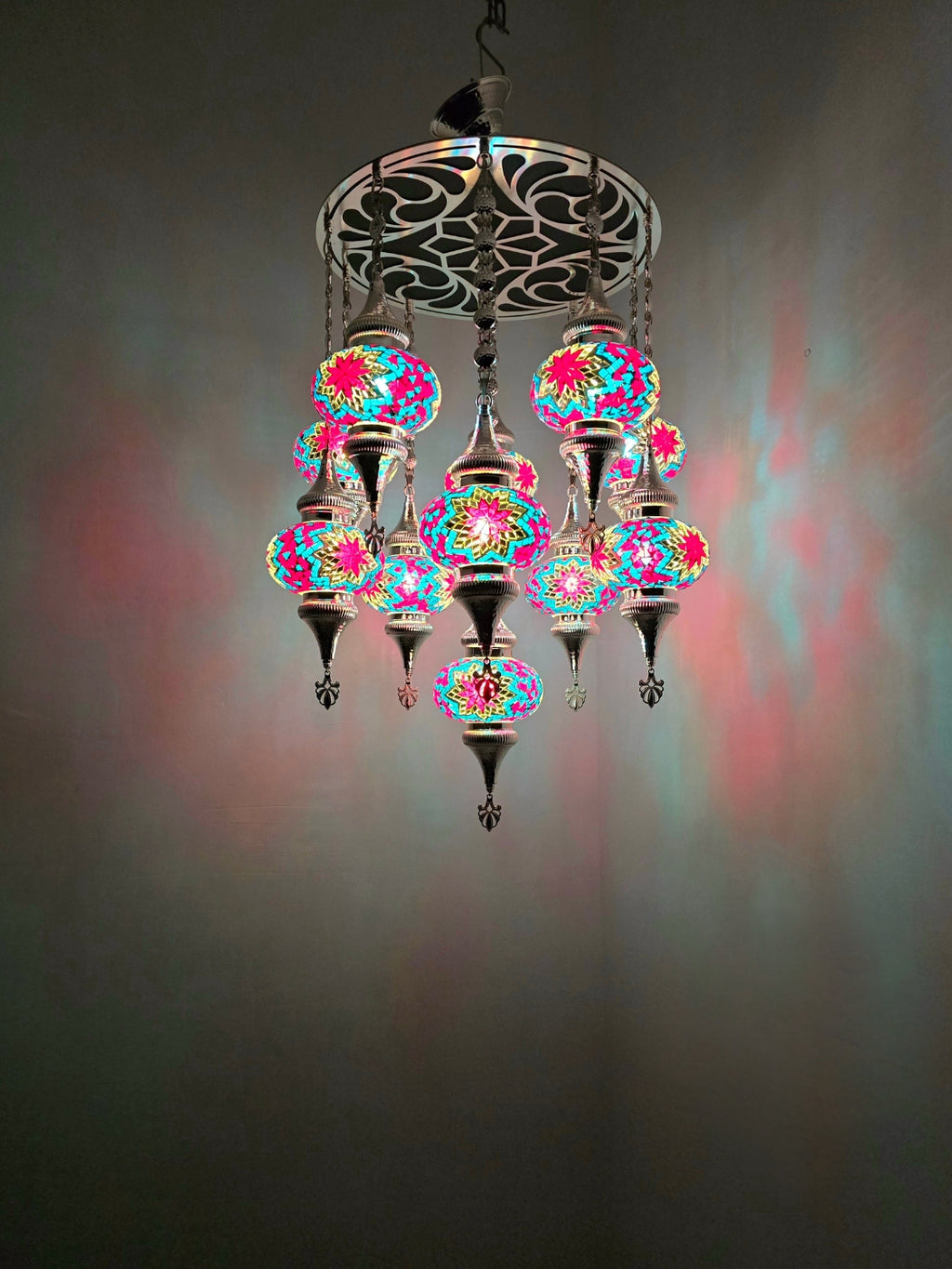 Turkish Mosaic Chandelier – Handmade Multicolor Boho Ceiling Lamp