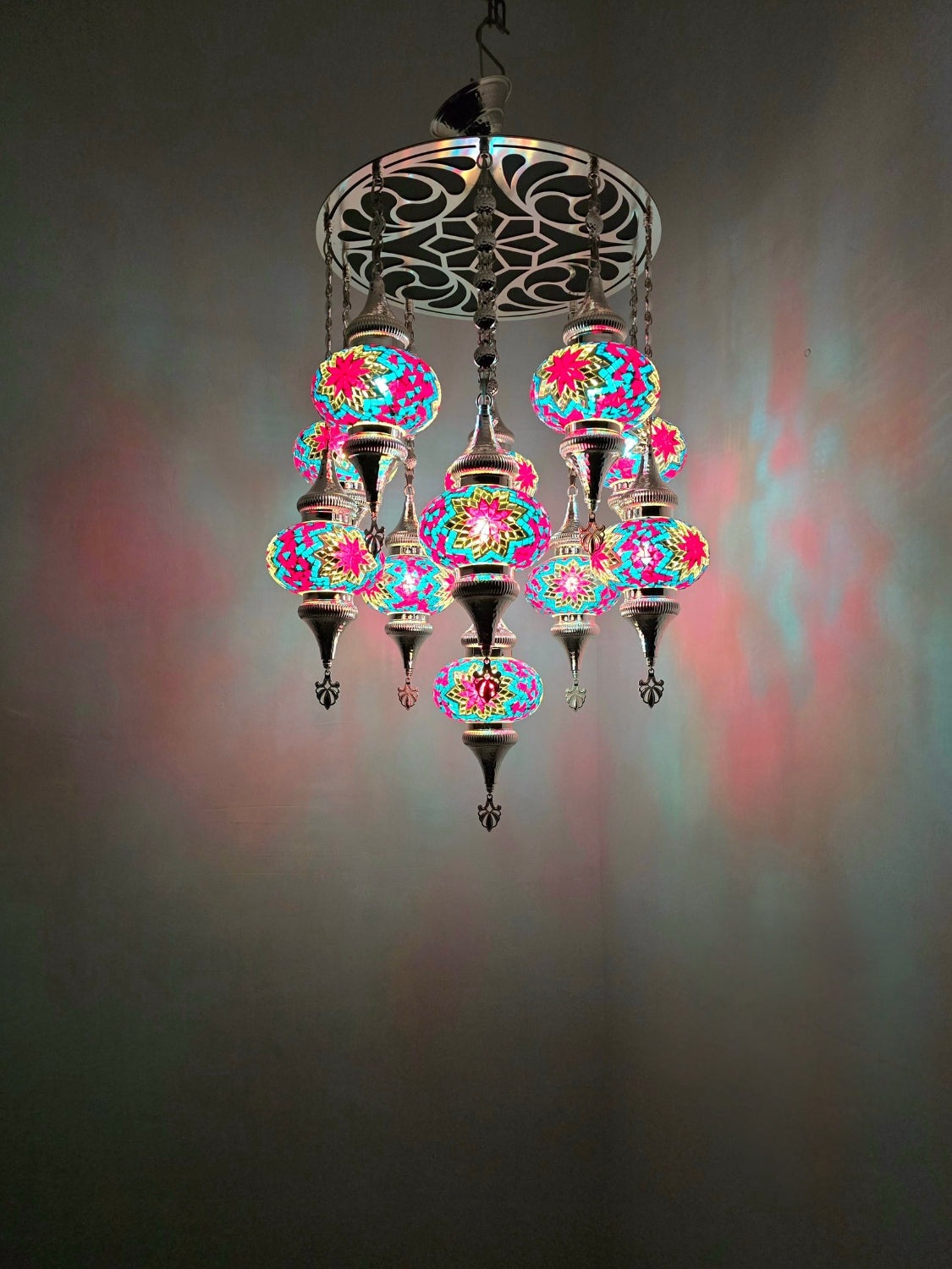 Turkish Mosaic Chandelier – Handmade Multicolor Boho Ceiling Lamp