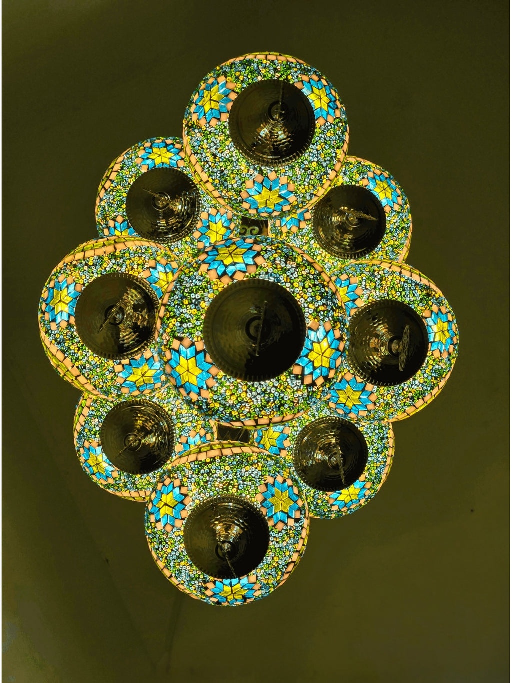 Turkish Mosaic Chandelier – 9 Globe Green Glass Boho Ceiling Lamp