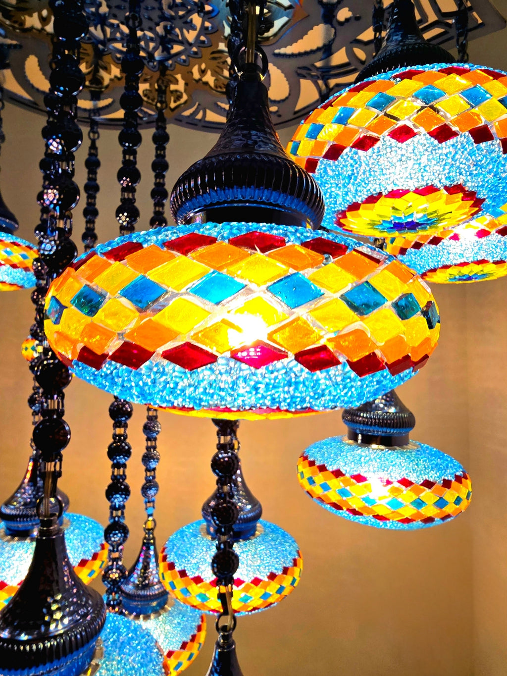 Turkish Mosaic Chandelier – 19 Globe Colorful Gold Boho Ceiling Lamp