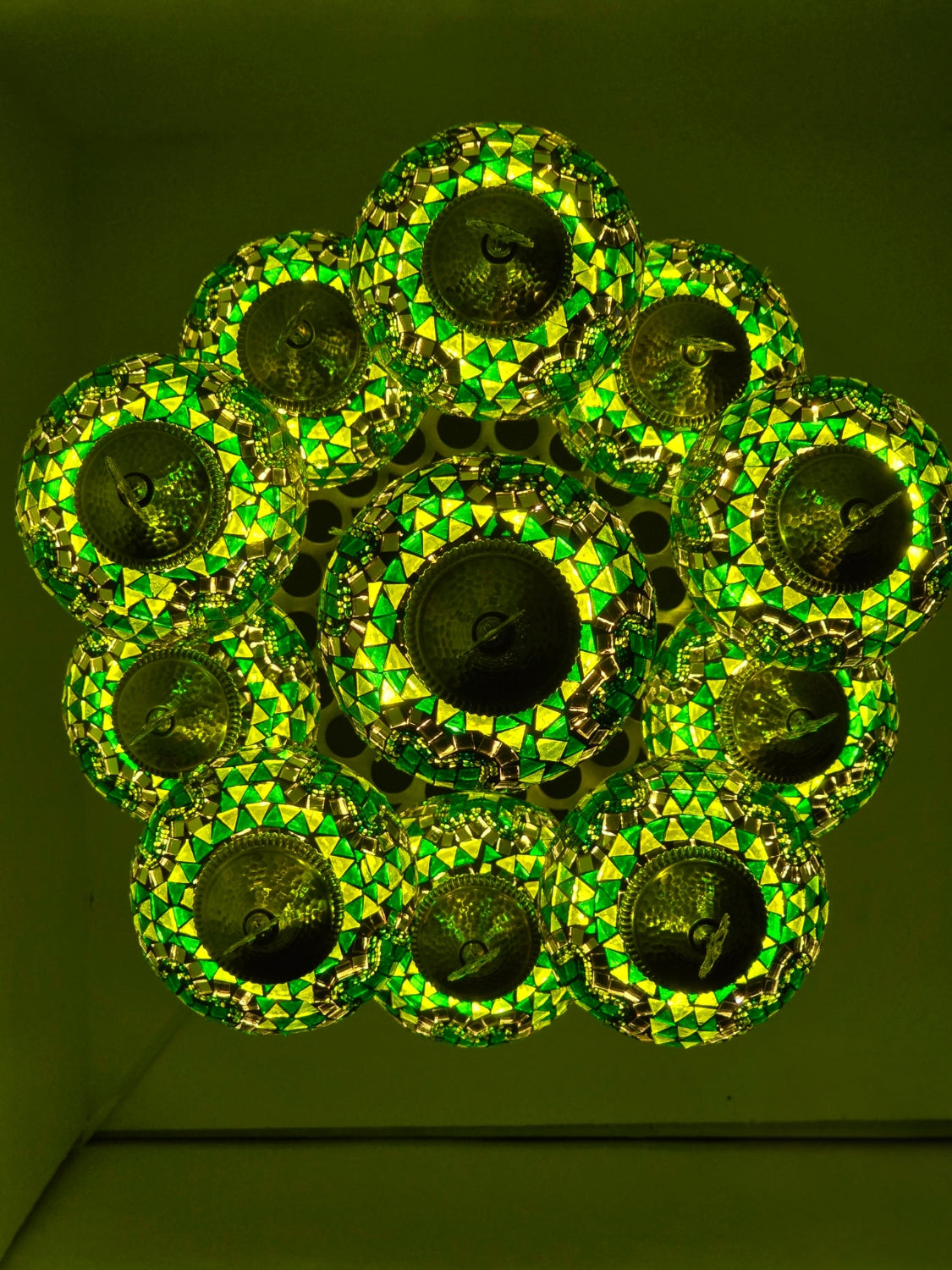 Turkish Mosaic Chandelier – Handmade Green Glass Boho Ceiling Lamp