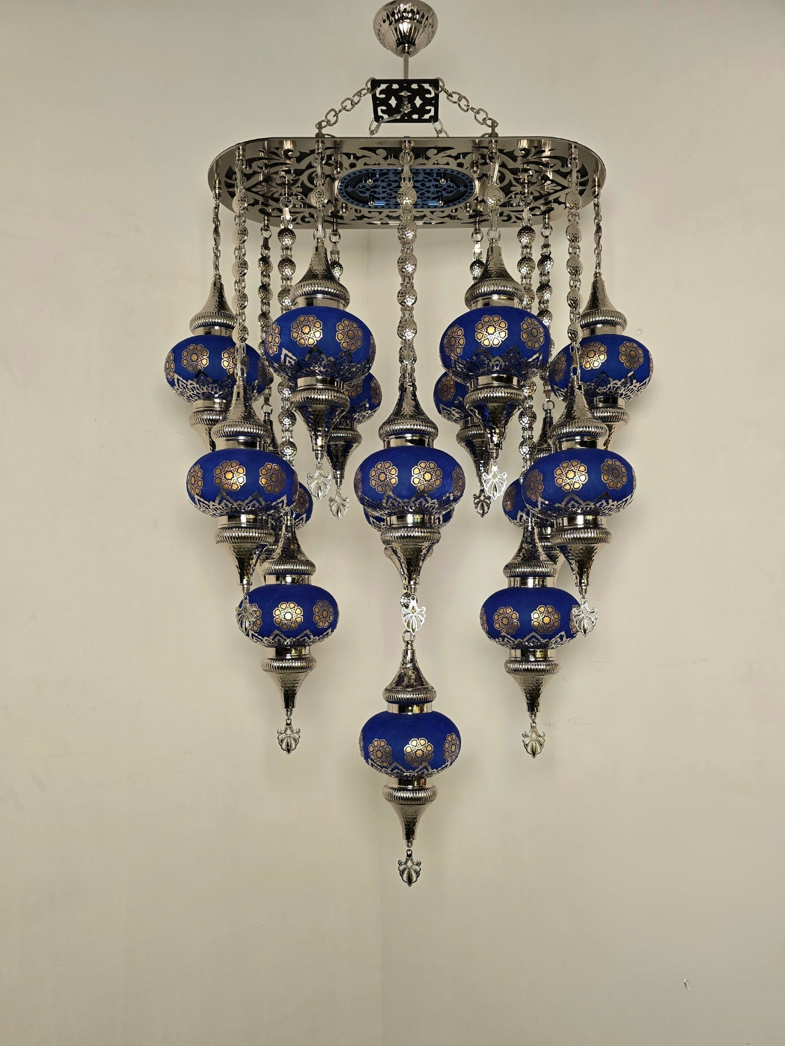 Turkish Mosaic Chandelier – Handmade Blue Glass Boho Ceiling Lamp
