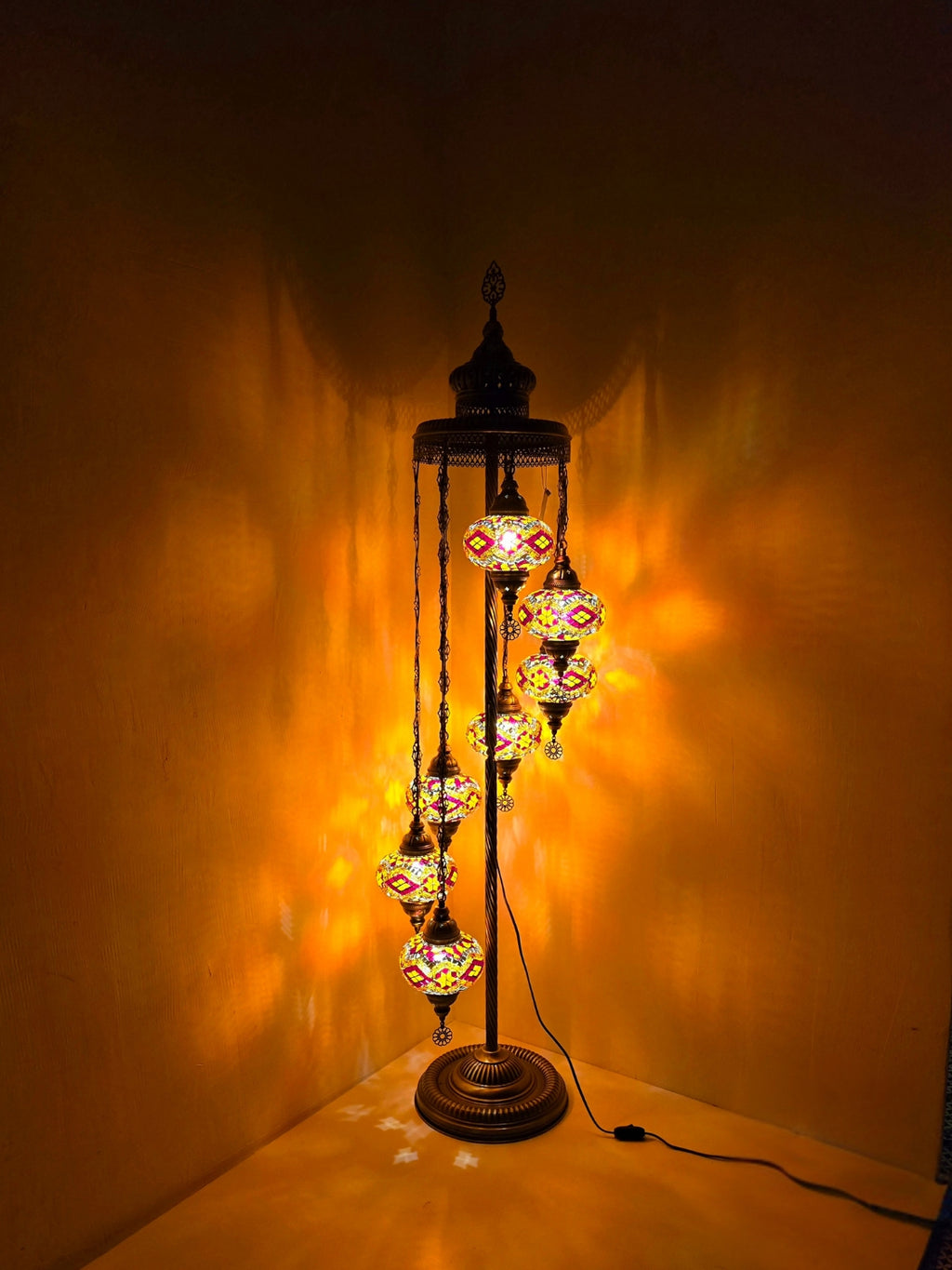 Turkish Mosaic Floor Lamp – Handmade 7 Lantern Brown Glass Boho Standing Light
