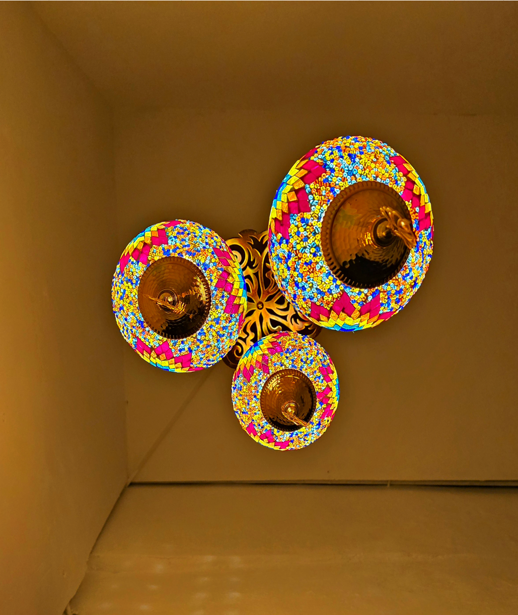 Turkish Mosaic Chandelier – 3 Globe Handmade Rainbow Glass Boho Ceiling Lamp