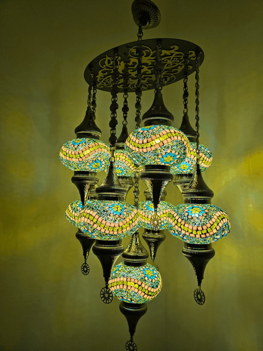 Turkish Mosaic Chandelier – 9 Globe Green Glass Boho Ceiling Lamp