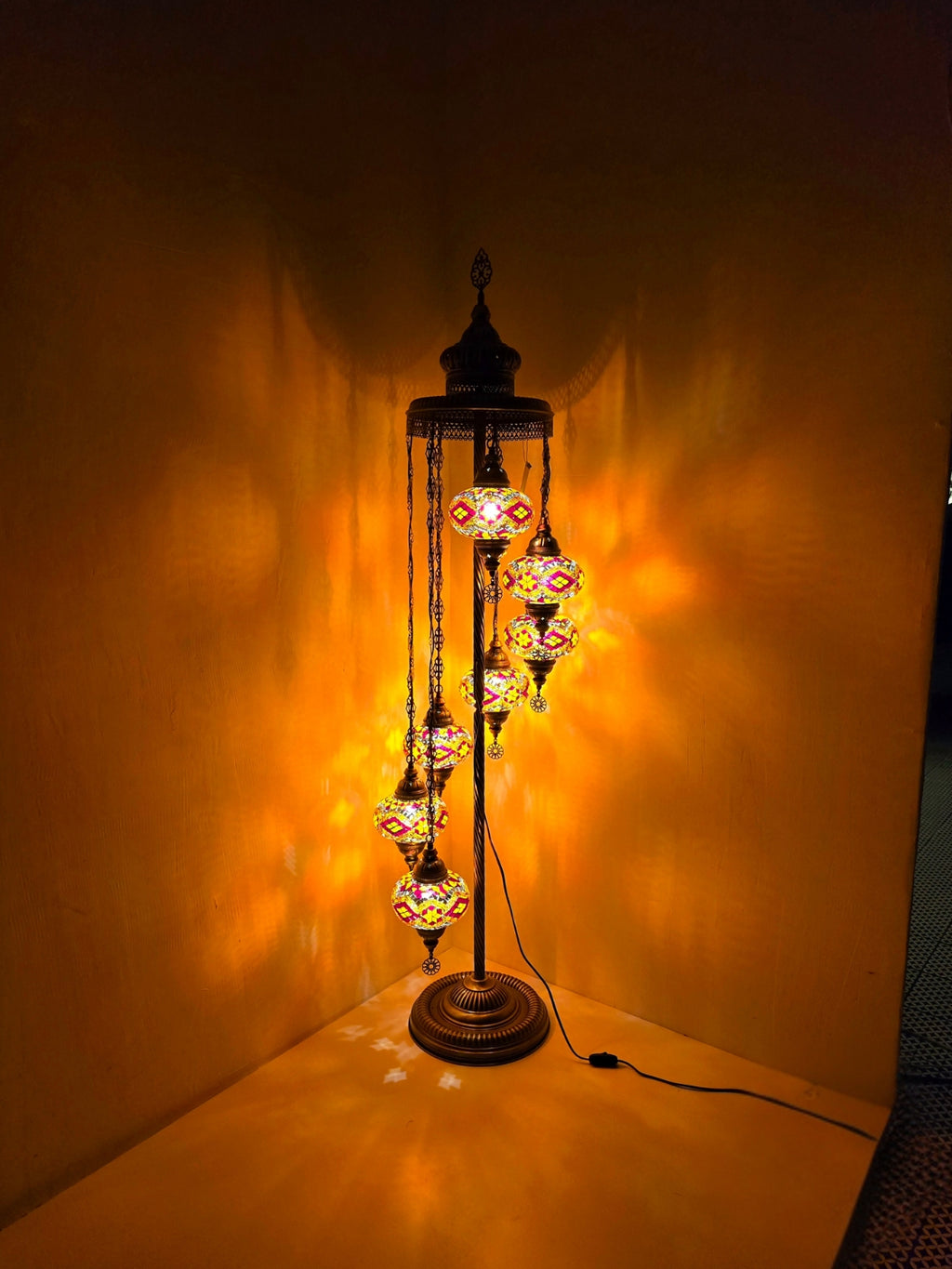 Turkish Mosaic Floor Lamp – Handmade 7 Lantern Brown Glass Boho Standing Light