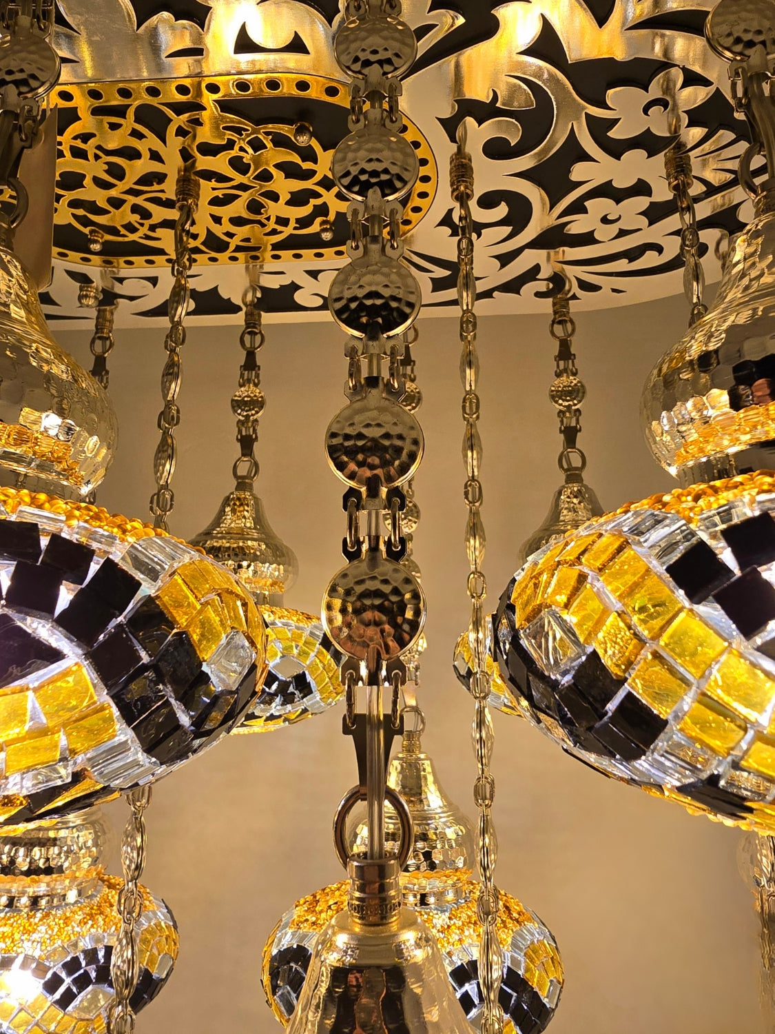 Turkish Mosaic Chandelier – Handmade Yellow Glass Boho Ceiling Lamp