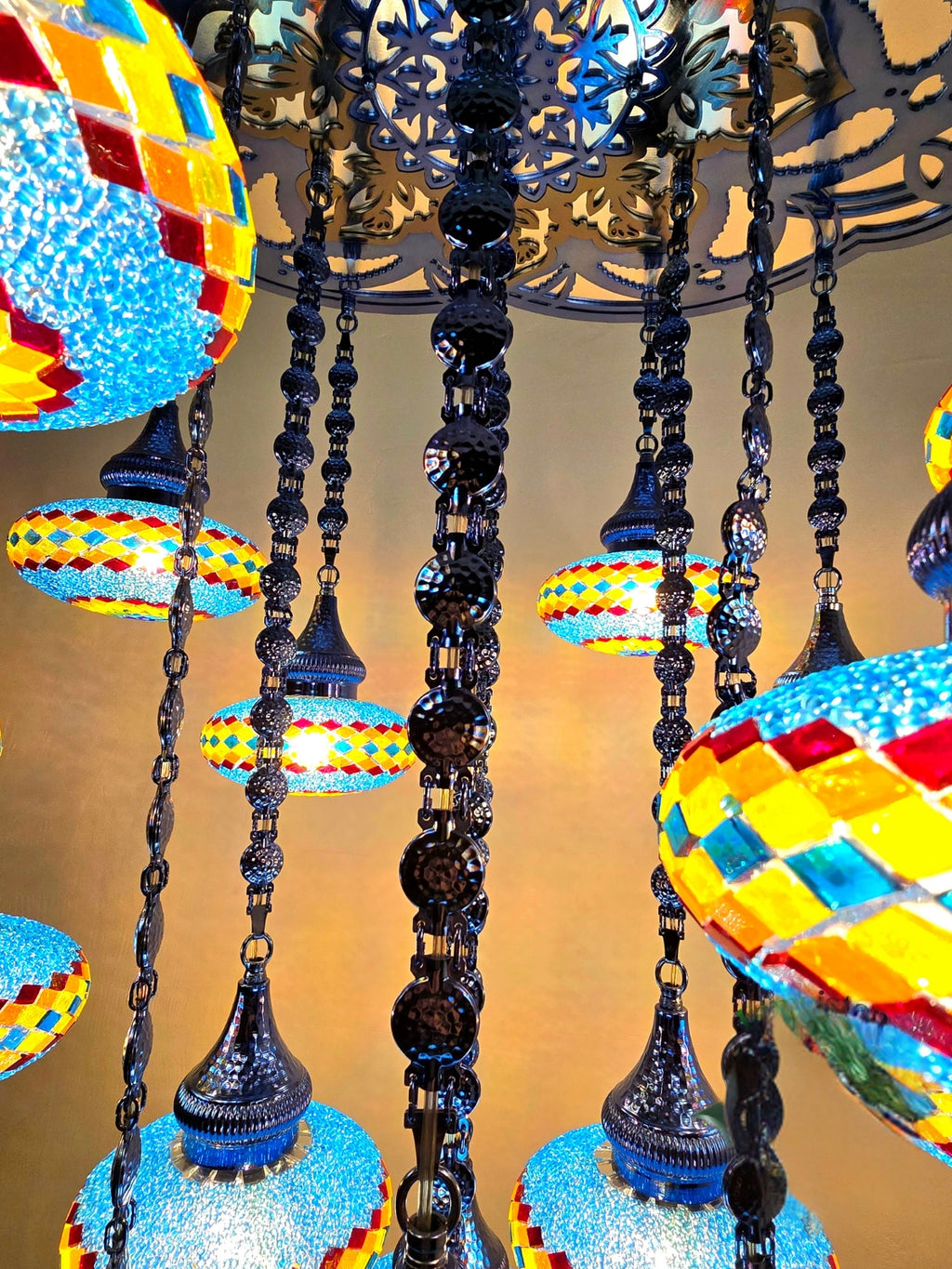 Turkish Mosaic Chandelier – 19 Globe Colorful Gold Boho Ceiling Lamp