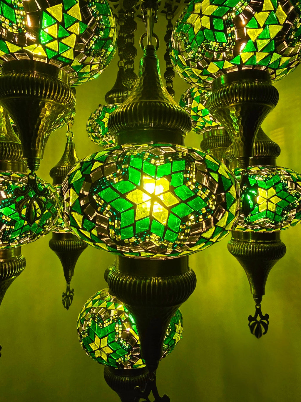 Turkish Mosaic Chandelier – 11 Globe Green Glass Boho Ceiling Lamp