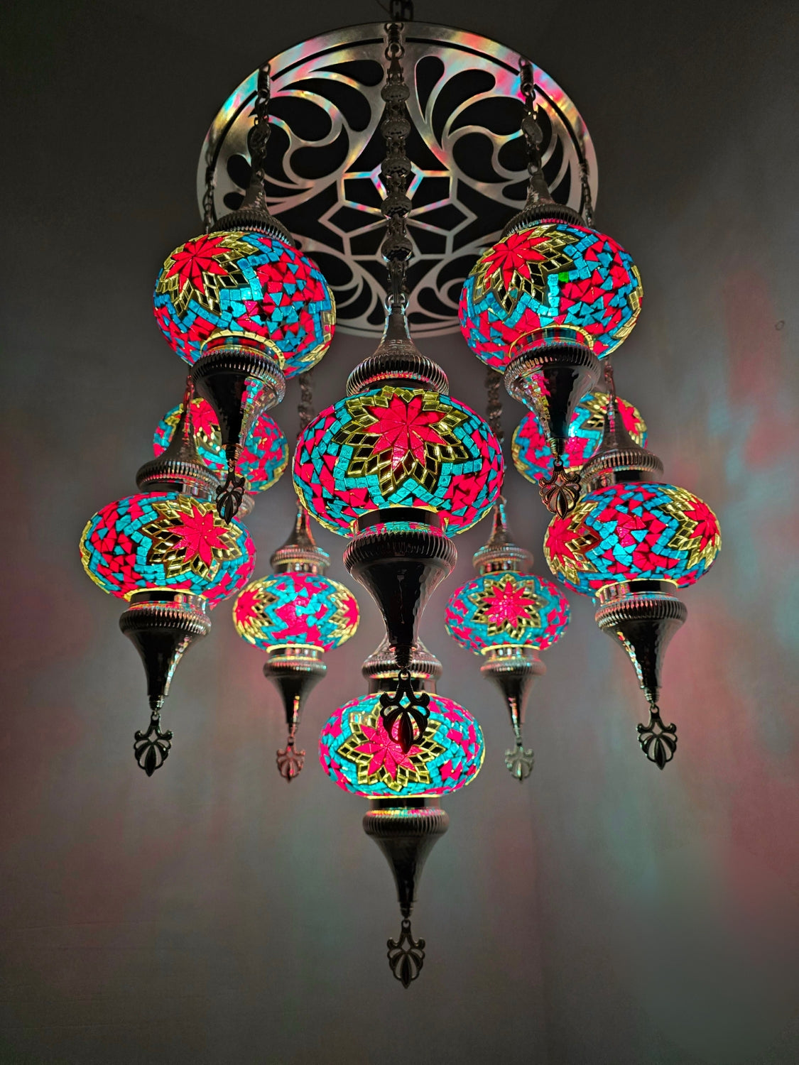 Turkish Mosaic Chandelier – Handmade Multicolor Boho Ceiling Lamp