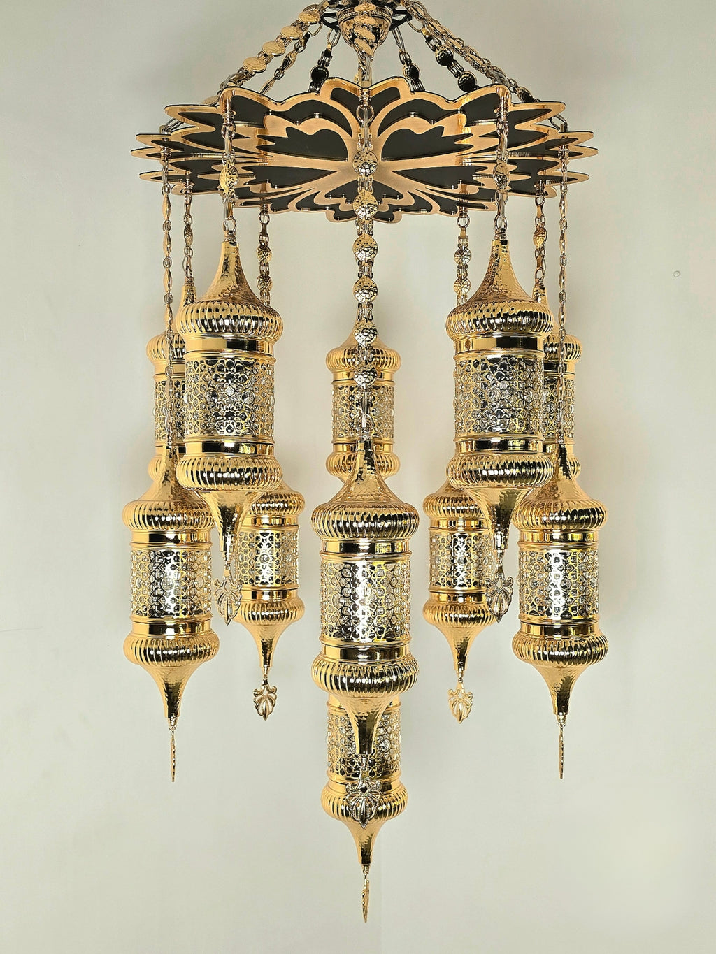 Ottoman Style Chandelier – Handmade Turkish Gold Metal Ceiling Lamp (11 Lanterns)