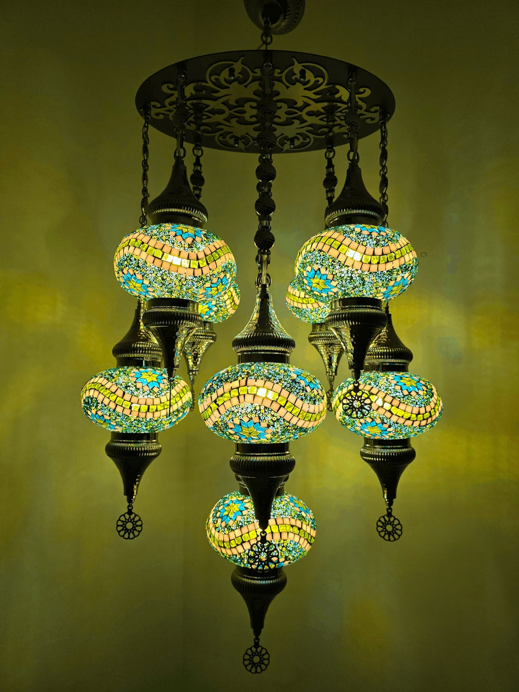 Turkish Mosaic Chandelier – 9 Globe Green Glass Boho Ceiling Lamp