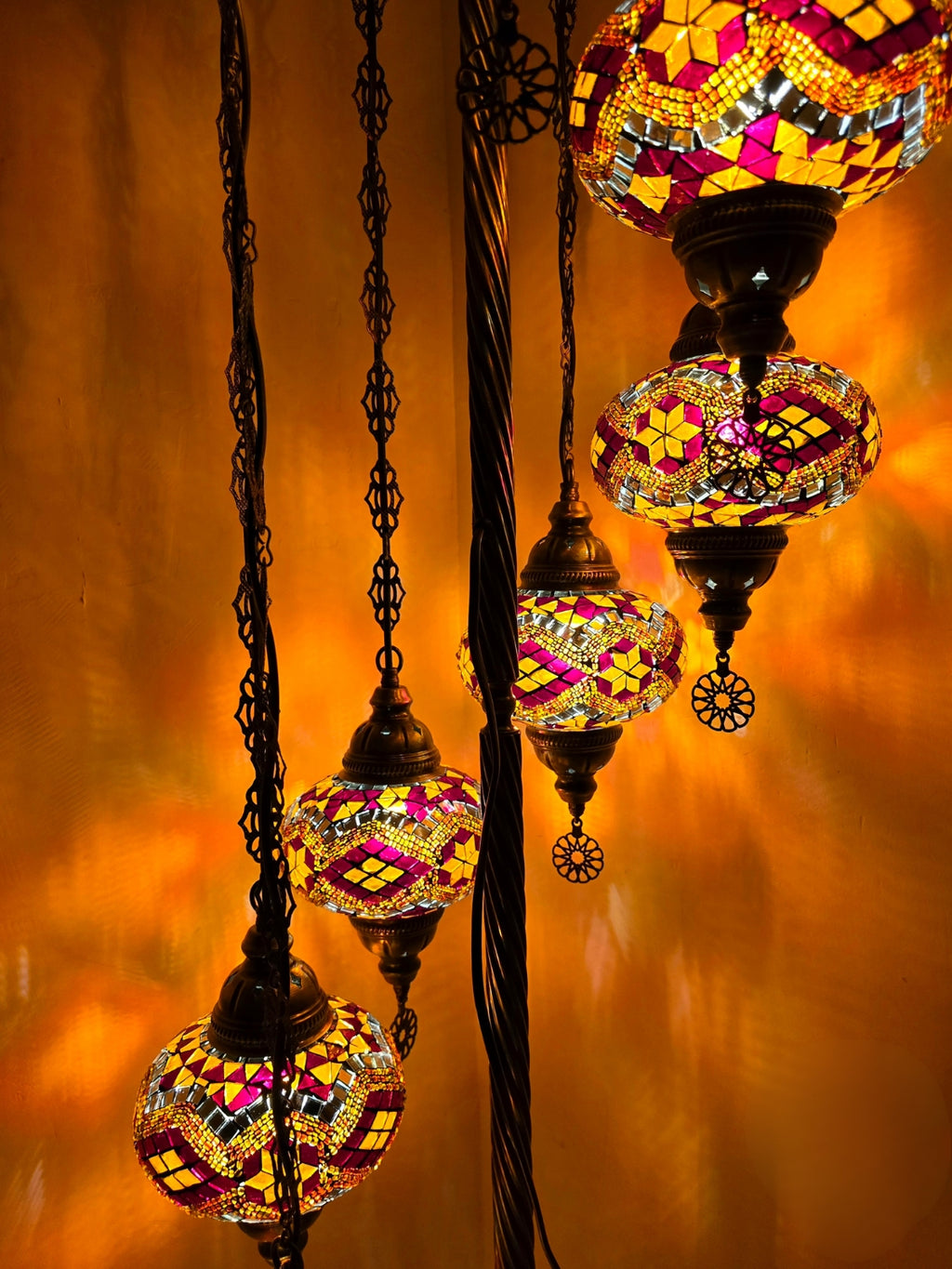 Turkish Mosaic Floor Lamp – Handmade 7 Lantern Brown Glass Boho Standing Light