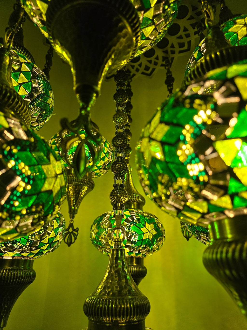 Turkish Mosaic Chandelier – 11 Globe Green Glass Boho Ceiling Lamp