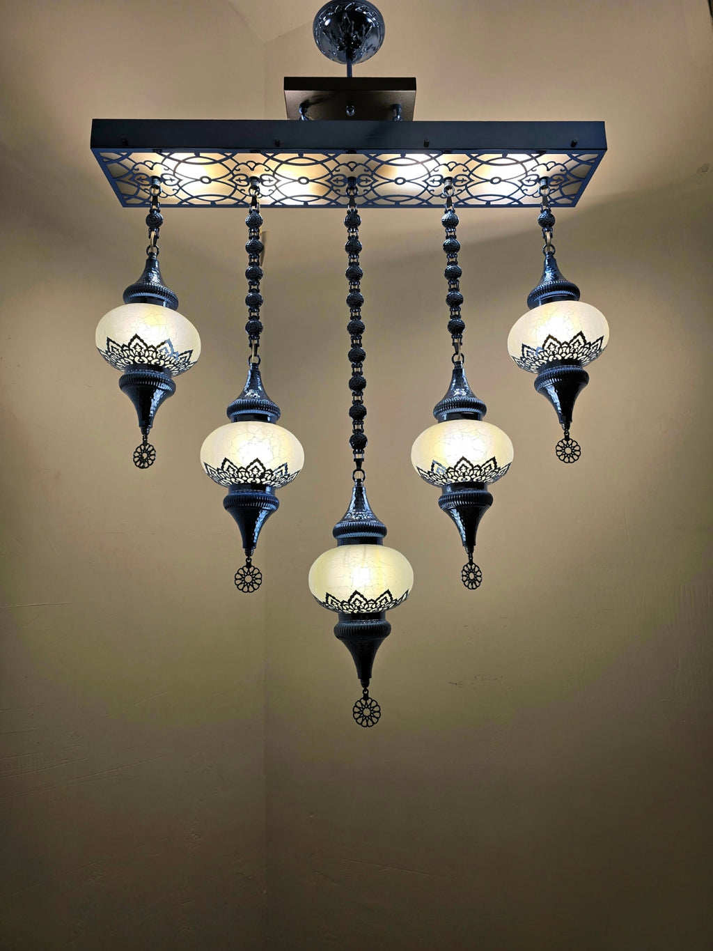 Turkish Mosaic Ceiling Light – 5 Globe Premium Handmade Boho Hanging Lamp