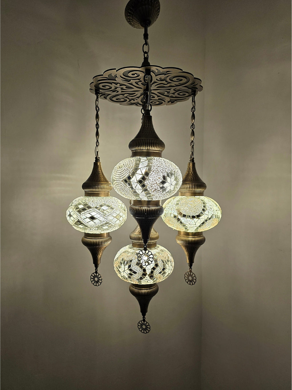 Turkish Mosaic Chandelier – Handmade White Glass Boho Ceiling Lamp
