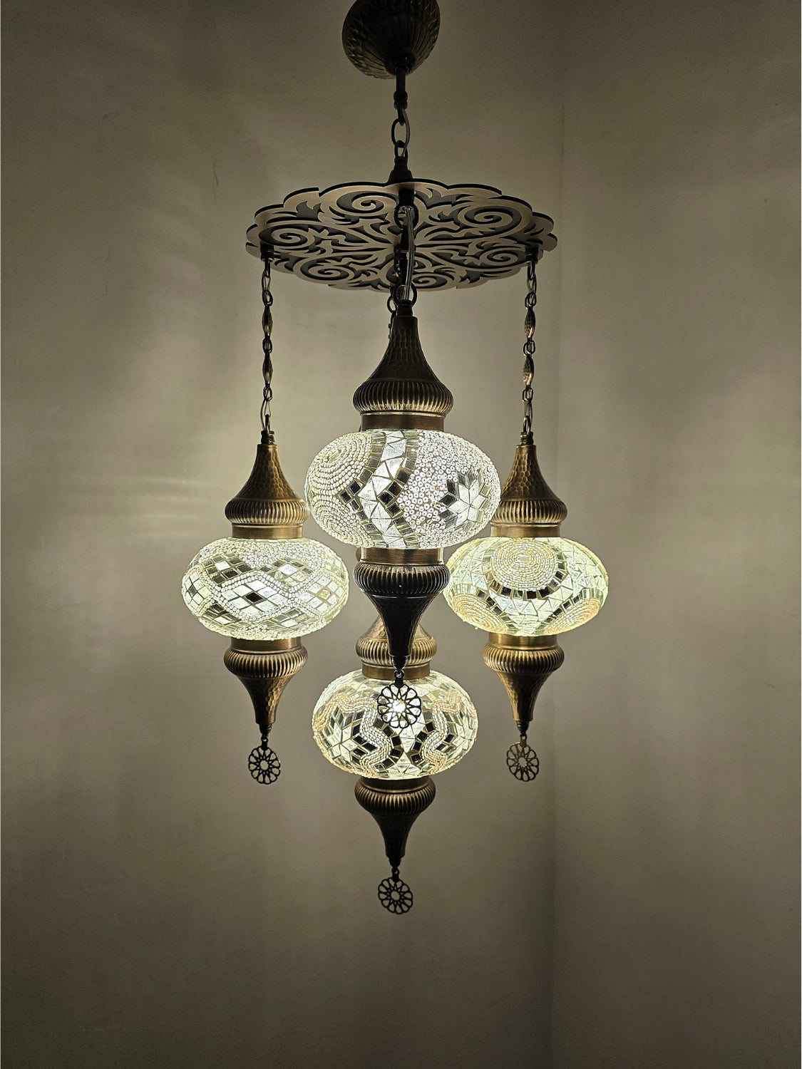 Turkish Mosaic Chandelier – Handmade White Glass Boho Ceiling Lamp