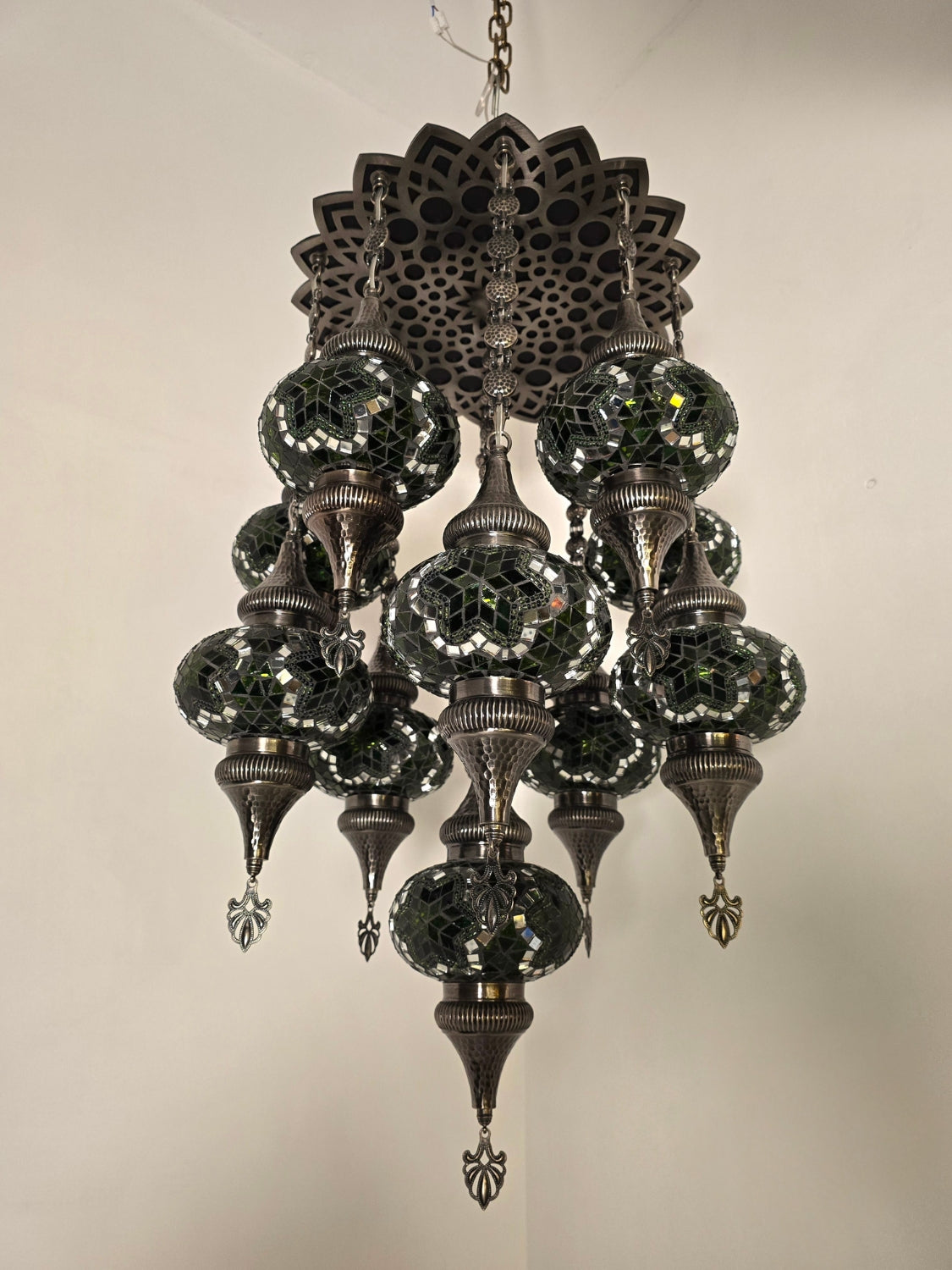 Turkish Mosaic Chandelier – 11 Globe Green Glass Boho Ceiling Lamp