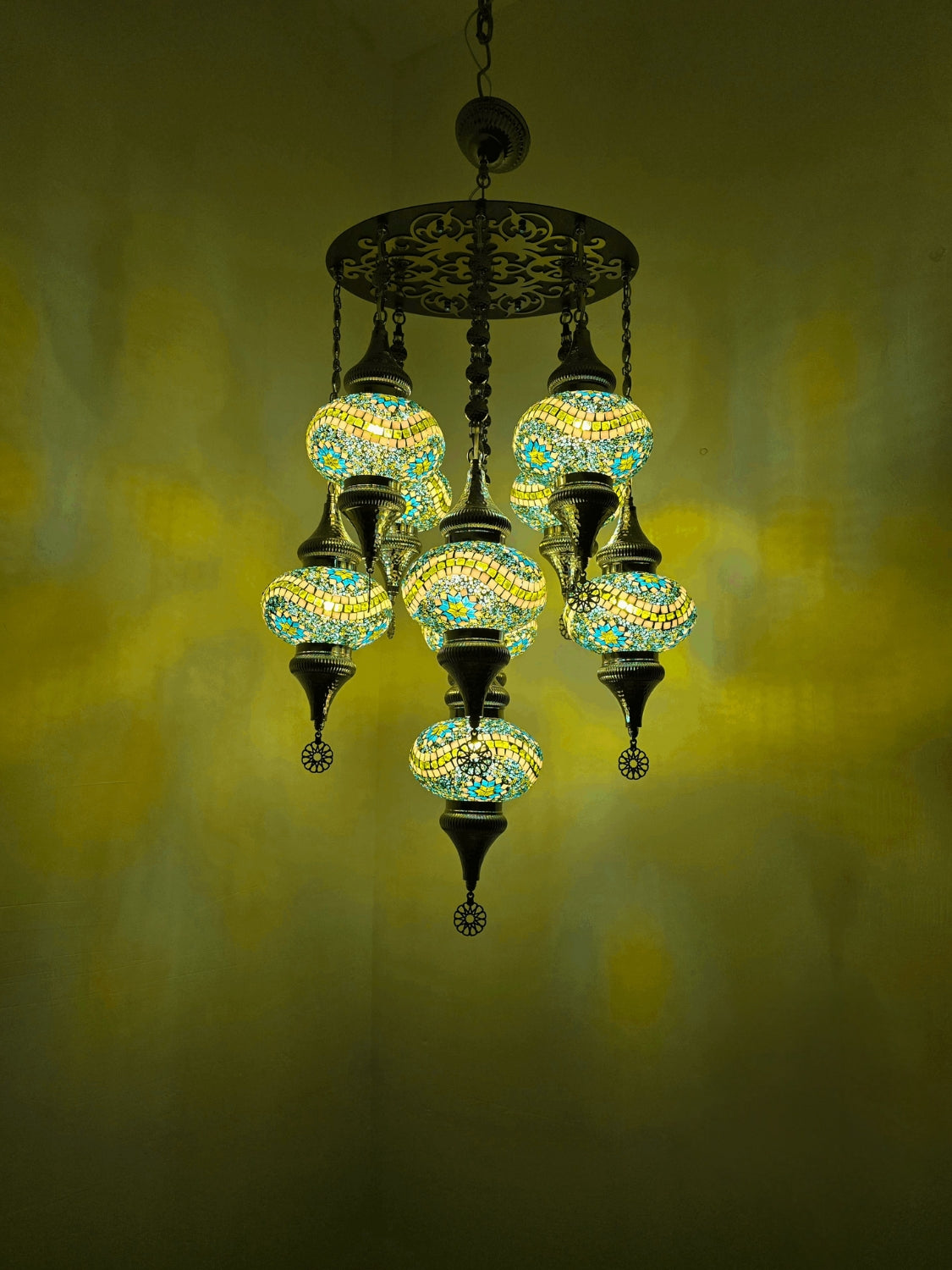 Turkish Mosaic Chandelier – 9 Globe Green Glass Boho Ceiling Lamp