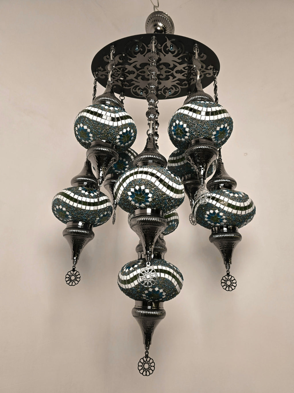 Turkish Mosaic Chandelier – 9 Globe Green Glass Boho Ceiling Lamp