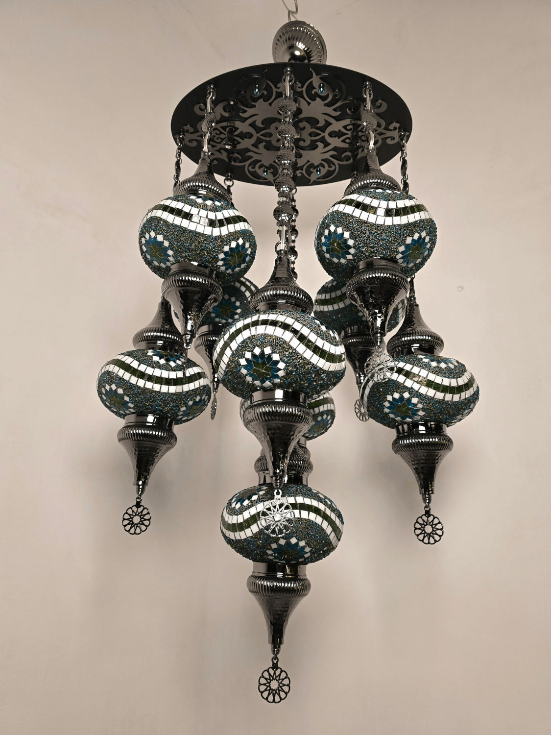 Turkish Mosaic Chandelier – 9 Globe Green Glass Boho Ceiling Lamp