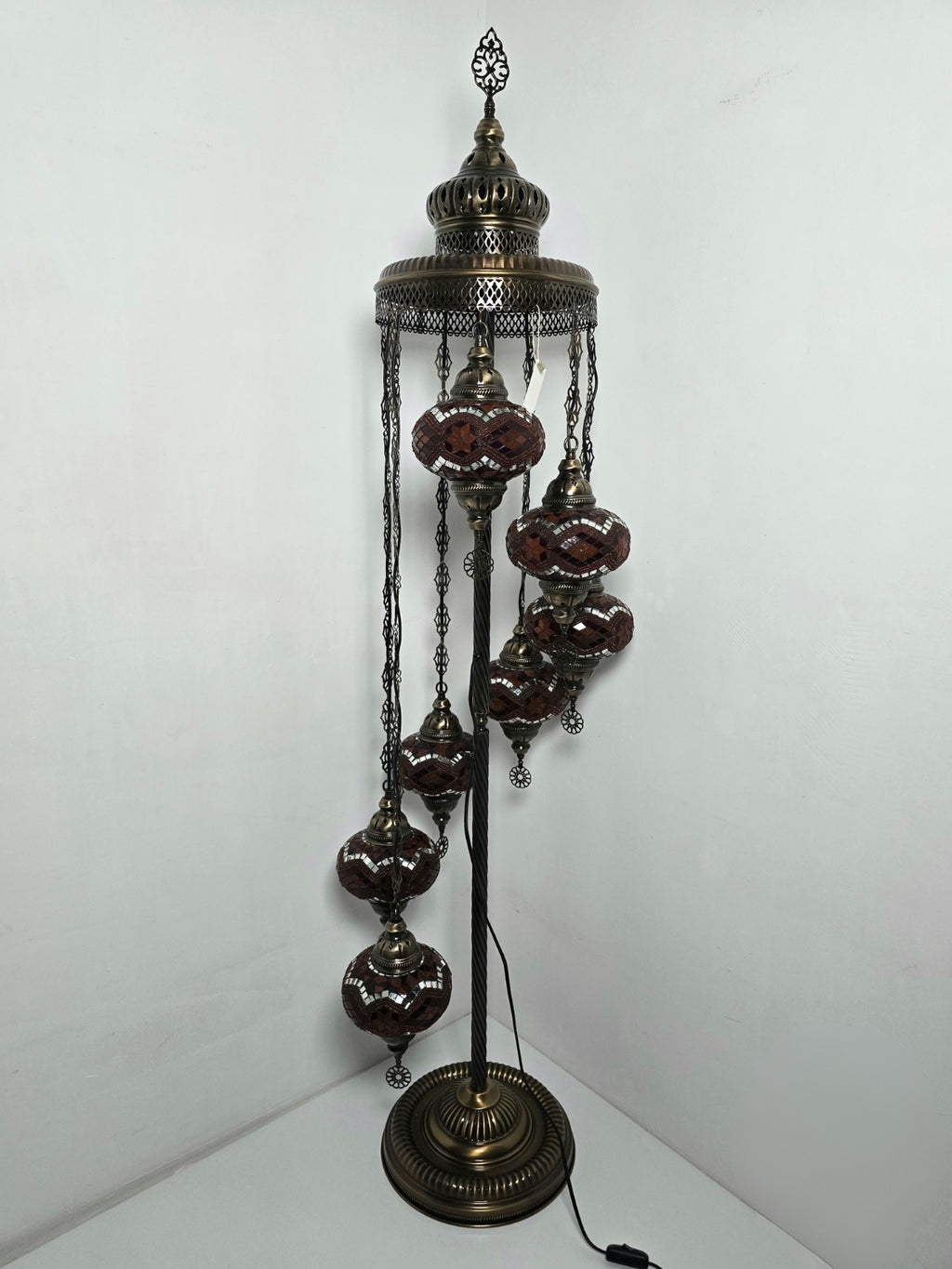 Turkish Mosaic Floor Lamp – Handmade 7 Lantern Brown Glass Boho Standing Light