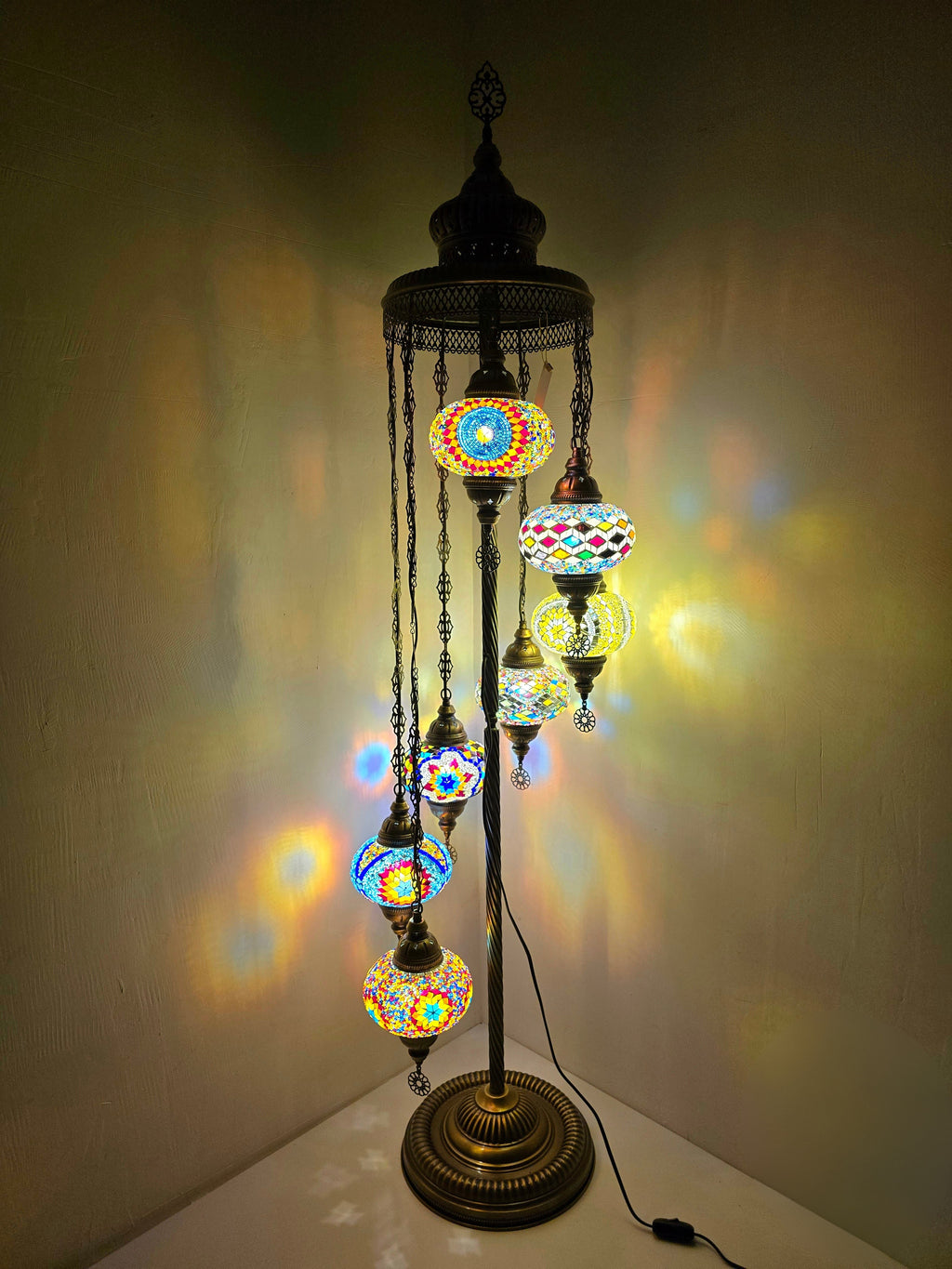 Turkish Mosaic Floor Lamp – Handmade 7 Lantern Brown Glass Boho Standing Light