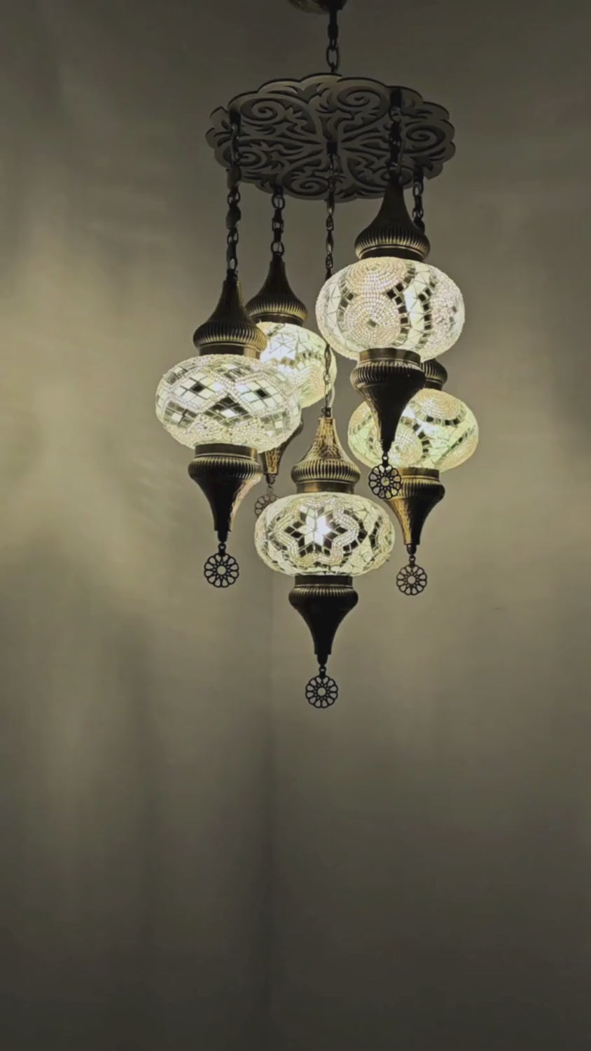 Turkish Mosaic Chandelier – Handmade White Glass Boho Ceiling Lamp