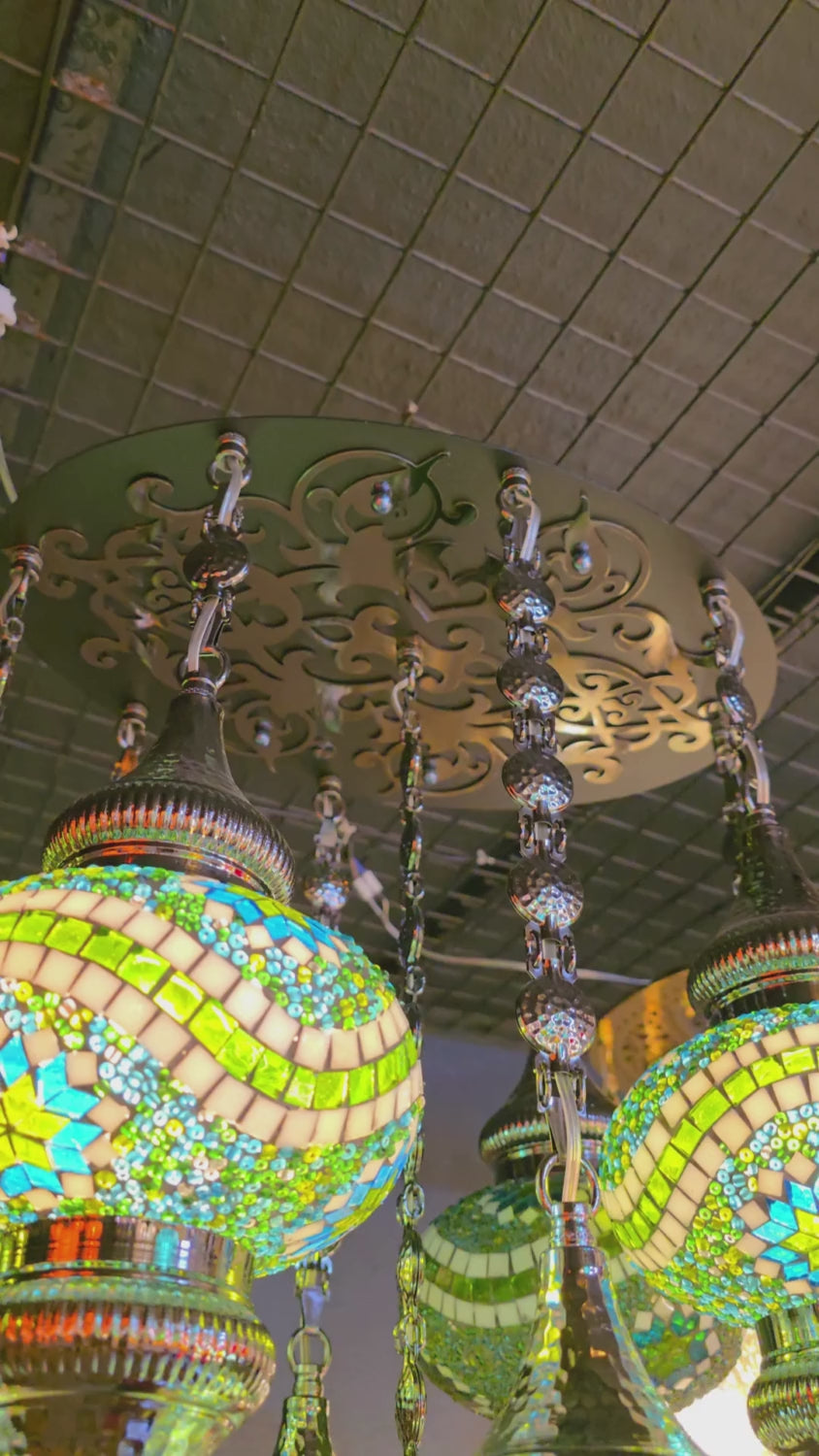 Turkish Mosaic Chandelier – 9 Globe Green Glass Boho Ceiling Lamp
