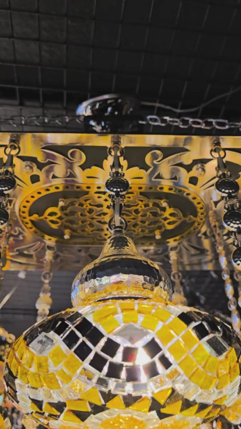 Turkish Mosaic Chandelier – Handmade Yellow Glass Boho Ceiling Lamp