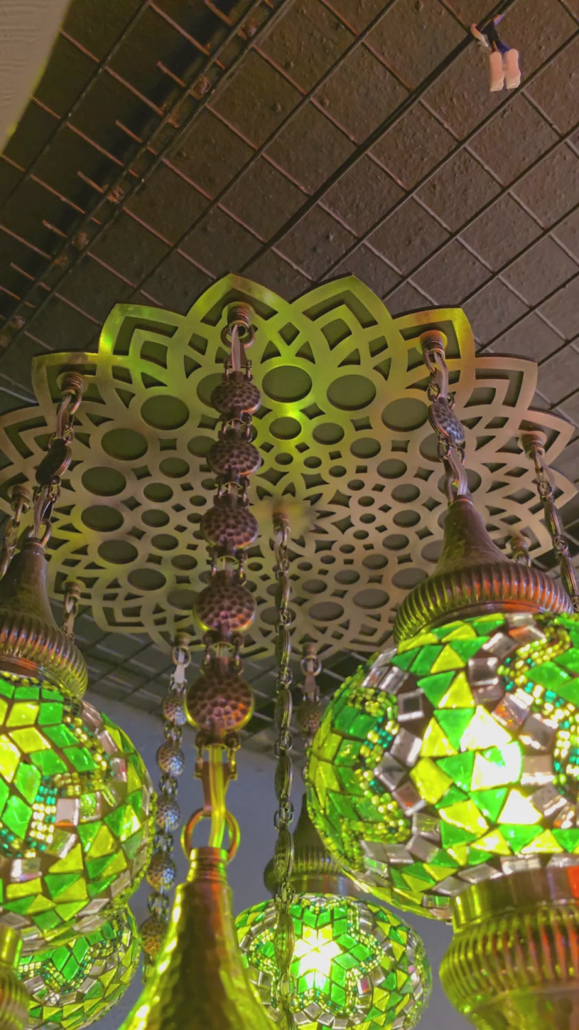 Turkish Mosaic Chandelier – 11 Globe Green Glass Boho Ceiling Lamp